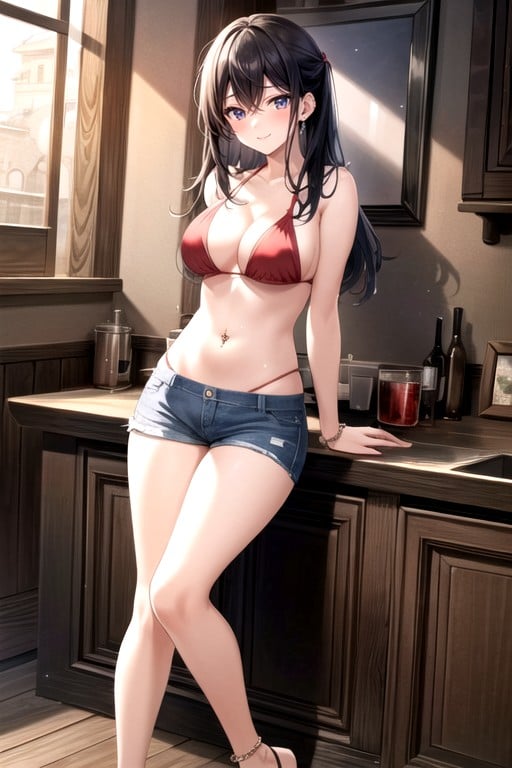 Fit Red Bikini Jean Shorts Anklet Belly Piercing Brunette Smirk Round Tits Present FeetニューハーフAIポルノ