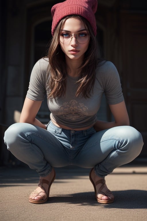 Brunette, Jean Shorts, Squatting AI Porn