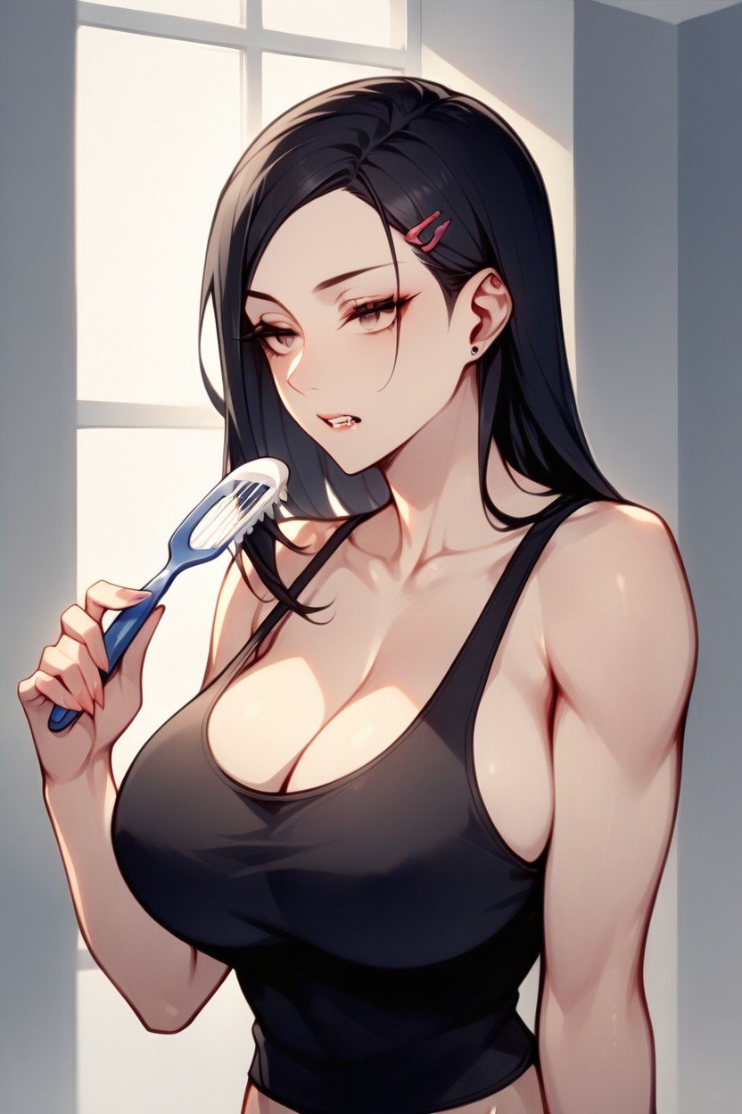 Adult Woman Brushing Teeth Black Tank Top Black Hair With Hairclips Large Breast Expressionless Toothbrush Toothpaste Gorgeous Accurate Anatomy Ultra Detailed Detailed Anatomy Sfv Close Up ViewPorno IA