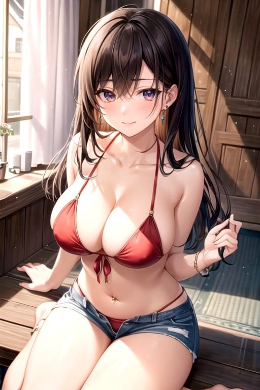 Red Bikini Jean Shorts Anklet Belly Piercing Brunette Smirk Round Tits Present Feetworship Feet Bare Boobs Wide Hips Sperm On Feet Hentai AI Porn