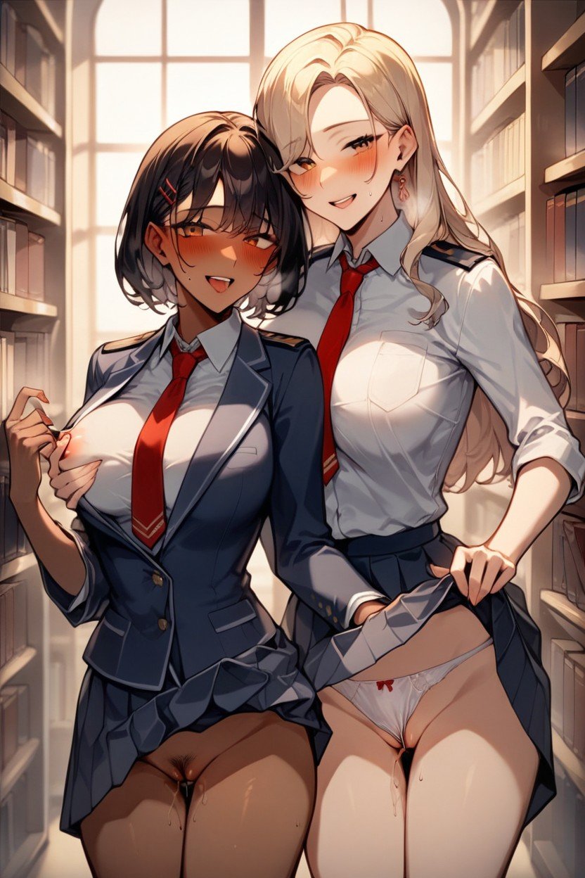 Dark Skinned Woman Standing Behind Beige Skinned, Japanese, Uniform AI Porn