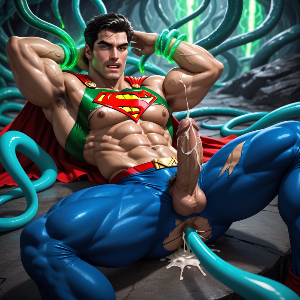Dimly Lit, Kryptonite Cave With Glowing Green Crystals, Tentacles Are Large AI Gay Porn