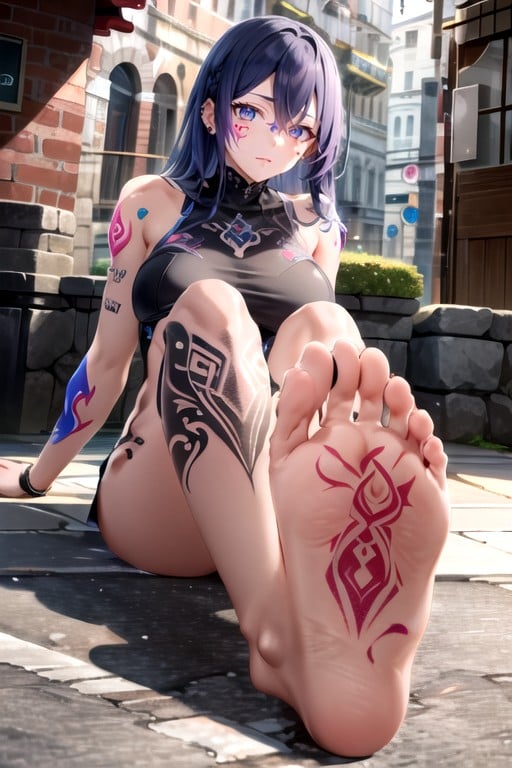 Sitting Presenting Feet, Purple Hair, Tattoo AI Porn