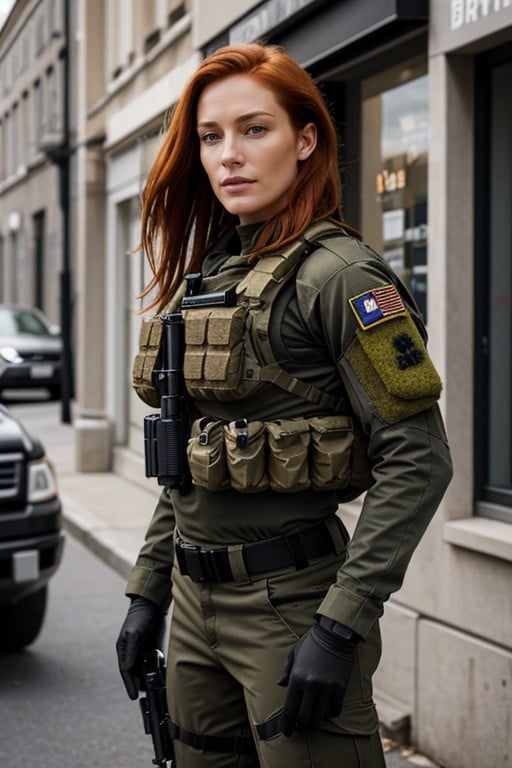 Wide Jaw, And A Serious Expression In An Urban Combat Environment She Is Fully Clothed In Tactical Military Gear And Tactical Pants And Holds A Rifle, Muscular French Canadian Female Tactical Special Forces Commando With Ginger HairAI黃片