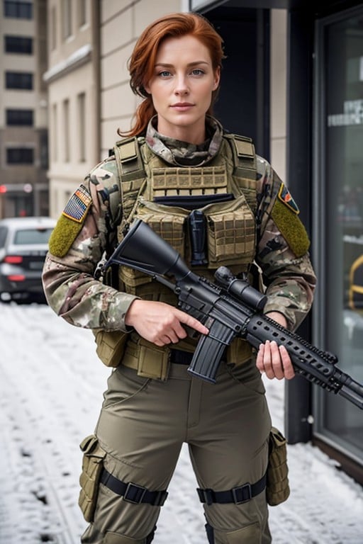 And Wearing Tactical Pants And Holds A Rifle, And A Serious Expression In An Urban Combat Environment She Is Fully Clothed In Tactical Military Gear Showing Bare Armed And Showing Cleavage, Realistic Photo Of A Muscular French Canadian Female Tactical Special Forces Commando With Ginger Hair Pornografia de IA