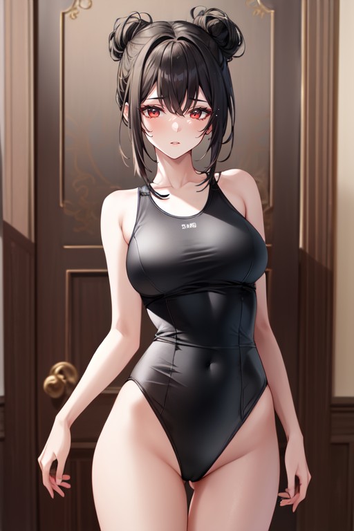 ウエストショット, Slender Woman With Long Black Hair, Usually Tied In A Low Bun She Has Red Eyes And A Fair Complexion Her Elegant And Sharp Appearance Contrasts With Her Calm And Sometimes Awkward DemeanorヘンタイAIポルノ