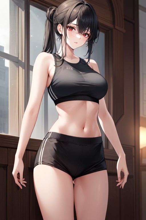 Usually Tied In A Low Bun She Has Red Eyes And A Fair Complexion Her Elegant And Sharp Appearance Contrasts With Her Calm And Sometimes Awkward Demeanor, Sostén Deportivo, Slender Woman With Long Black HairPorno AI