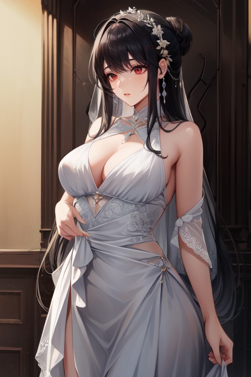 腰部鏡頭, Usually Tied In A Low Bun She Has Red Eyes And A Fair Complexion Her Elegant And Sharp Appearance Contrasts With Her Calm And Sometimes Awkward Demeanor, 婚紗AI黃片