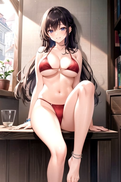 Red Bikini Belly Piercinganklet Round Boobs Brunette Feet Mischievous Grin See Through PantiesPorno AI Hentai