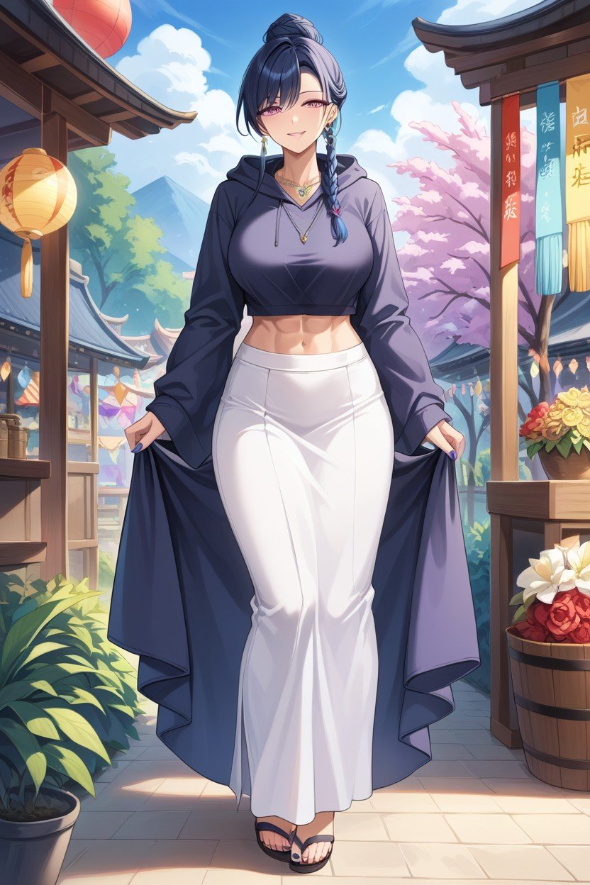 Dark Blue Hair, Hair Bun, Long SleevePorno AI