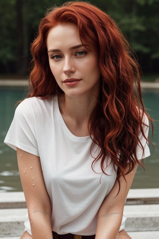 White T-shirt Wet, Kneeling, Long Red Hair Pornografia de IA