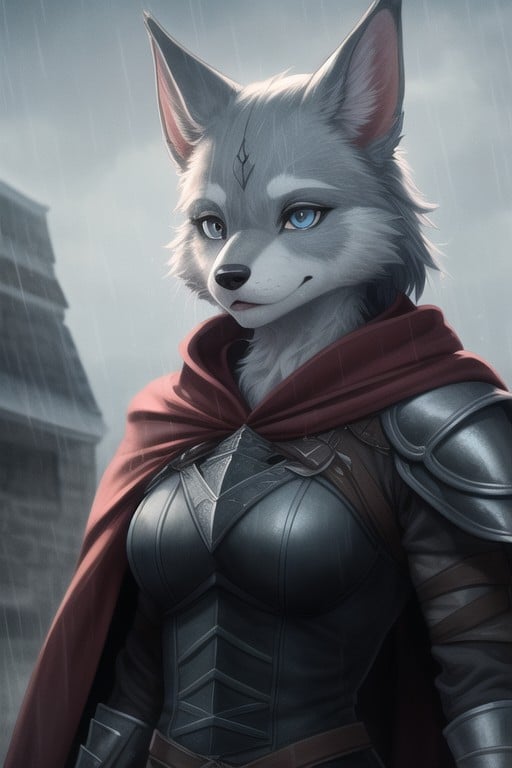 Cape, Dog Furry Woman In Full Set Of Witcher Armor, Raining Furry AI Porn