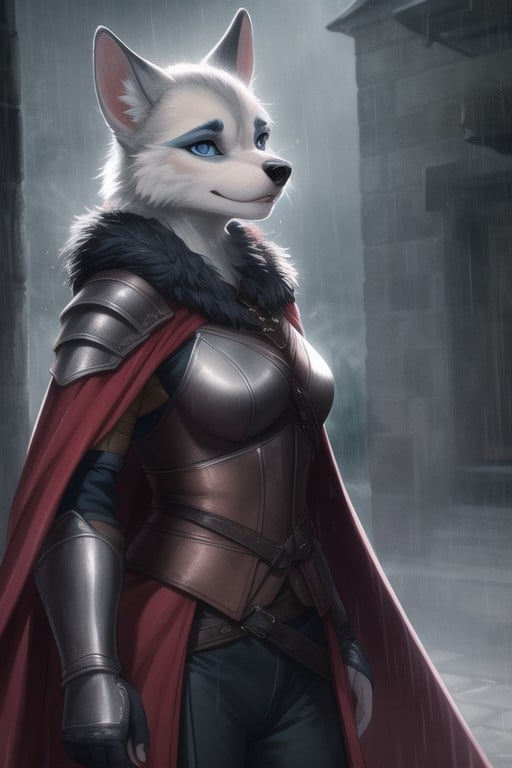 Blue Hour, Raining, Dog Furry Woman In Full Set Of Witcher Armor Furry AI Porn