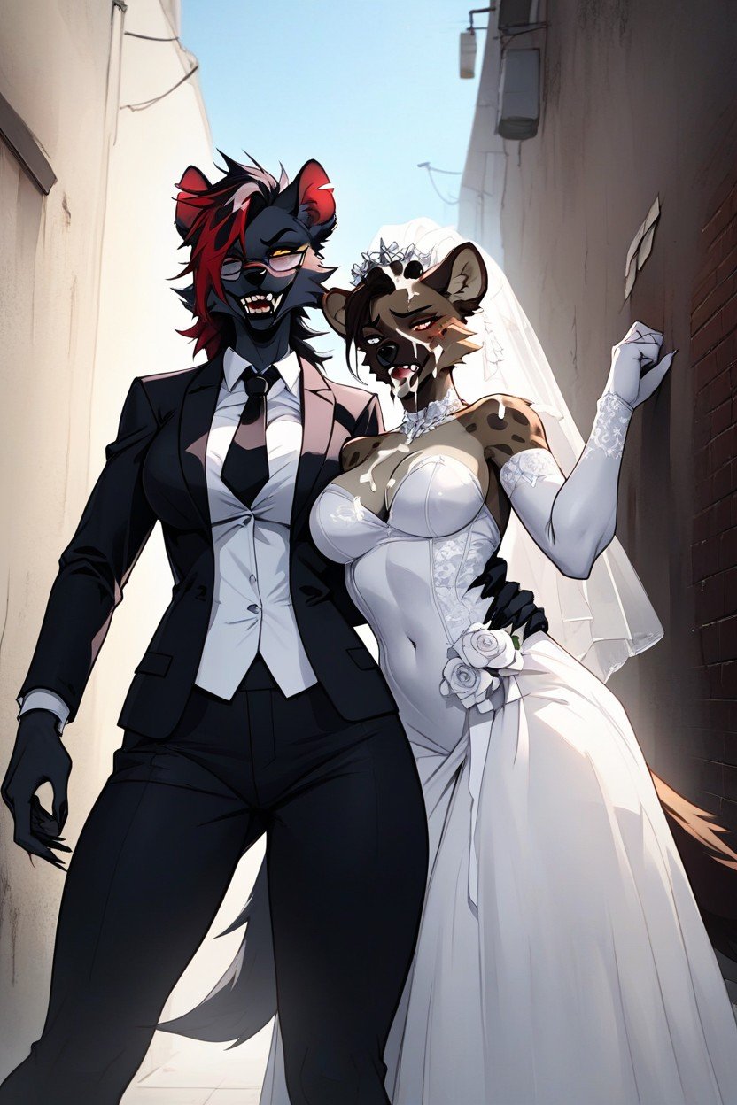 Black Fur Black Skinblack Female Werewolfred Highlights Fuck Wedding Dress, Hyena Futanariwearing Glasses Business Suit, FutanariPorno IA Furry