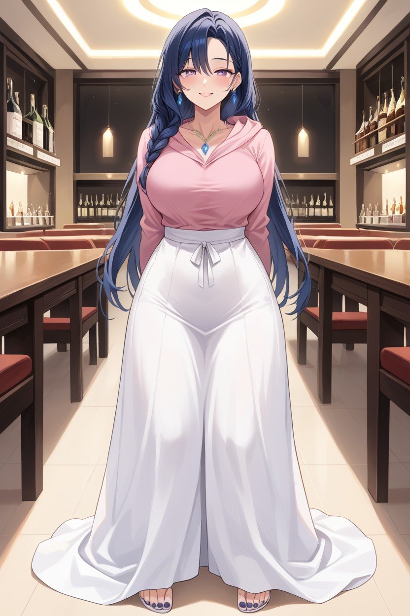 Restaurant, Dark Blue Hair, Japanese AI Porn