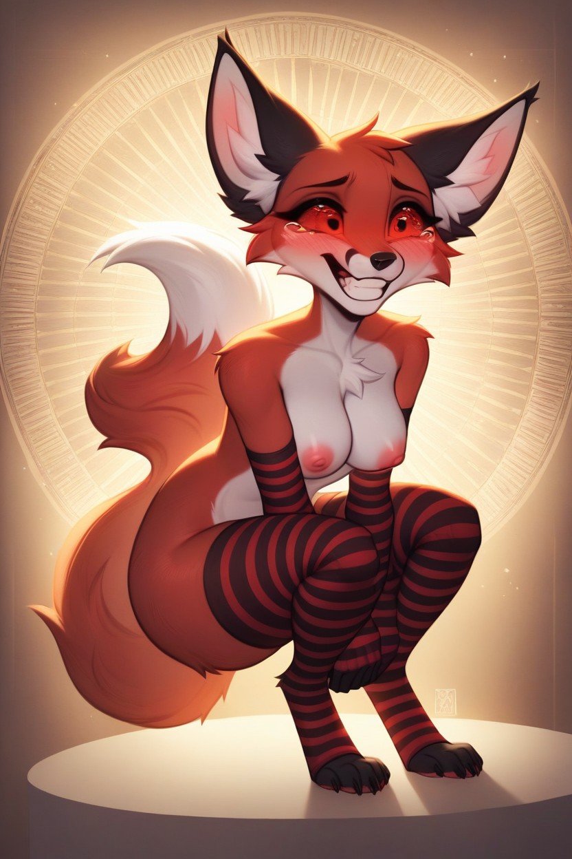 충격을 받음, 카이로(피라미드), Anthro Red Fox Woman Cartoon Detail On Knees View From Back Ass Striped Long Gloves Striped Stockings Big Eyes Blush Errtet Body Really Nipples Cartoon Detail Big Eyes Blush Errtet Body Really Full Body View Digitigrade Legs퍼리 AI 포르노