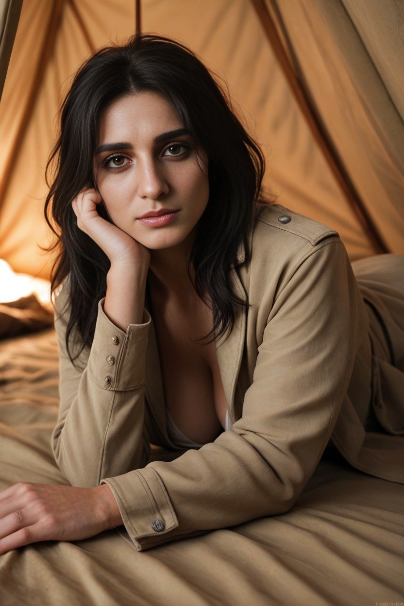 1 Person, A Long Trench Coat, A Greek Nose And Relaxed Dark Brown Eyes She Wears A White Blouse AI Porn