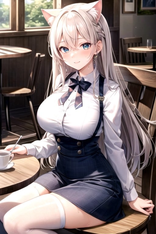 Rosie Sitting Down Legs Spread Face Sweaty Skin Large Breasts Large Ass Medium Blush Pale Skin White Hair Cat Ears Smile Blue Green Eyes Blue Skirt Black Stockings White Button Up Cafe On Table Looking At Veiwer Pornografia de IA