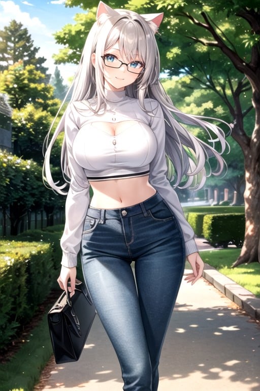 Rosie Large Breasts Large Ass White Hair Blue Green Eyes Pale Skin Cat Ears Smile Black Jeans Black High Heel Boots White Long Sleeve Crop Top Glasses Outside Standing Arms Behind Back Looking At Viewer Long Hair Under A Tree Sunny Day Pornografia de IA