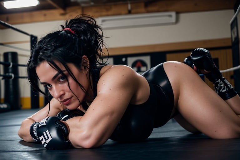 Dark Lighting In Background, Woman With Mma Gloves On, Pelo DespeinadoPorno AI