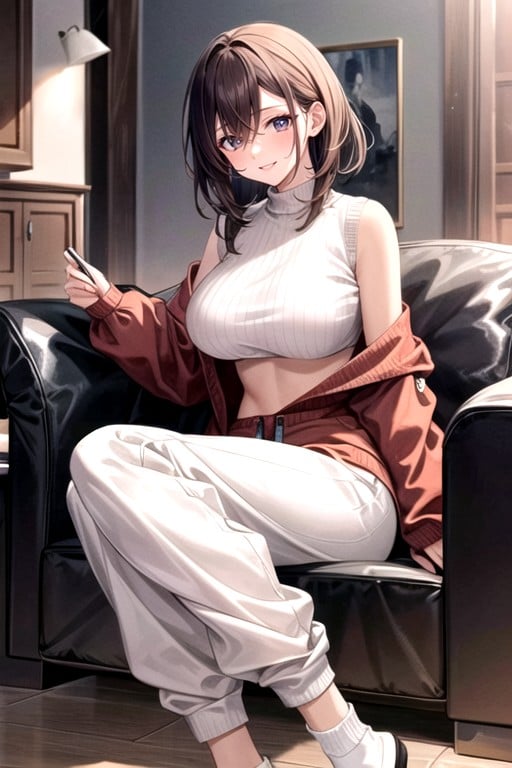 Medium Boobs Brunette Round Boobs Sweatpants Sweater Socks Laying On Sofa Smiling Full BodyAI黃漫