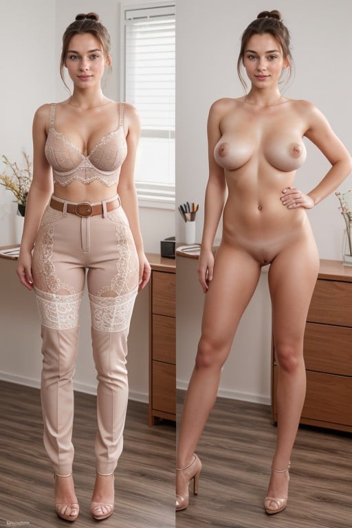 Perky Breasts, Belt, Tight Tan Office Pants AI Porn