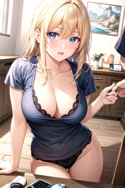 T-shirt And Underwear, Blue Eyes, Blonde Hair AI Porn