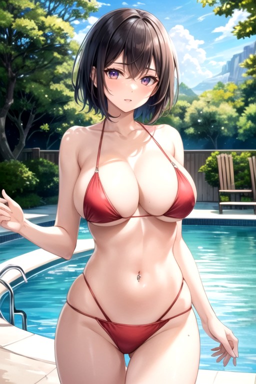 Fit Brunette Red Bikini Buzzcut Hair Leftsidebig Boobs Hips Belly Piercing Standing In Pool Topless Buzzcut Hair Leftside헨타이 AI 포르노