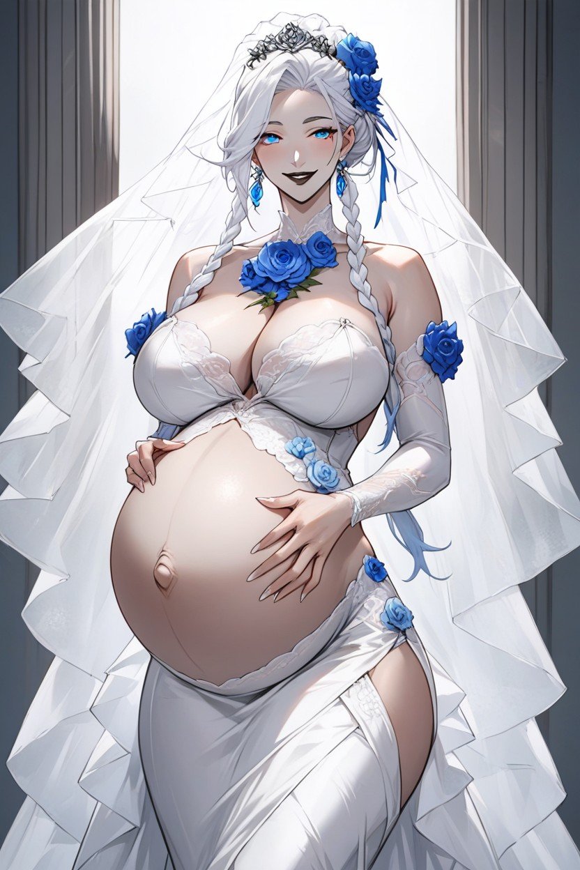 Blue Flower Hair Ornament, Extremly Long White Hair, Giganti Hair BunPorno IA Hentai