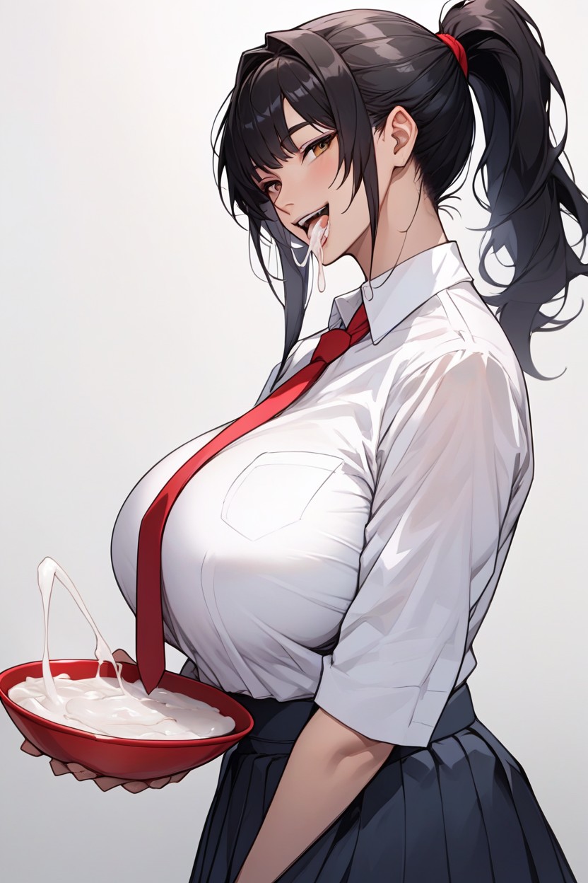 Black Hair, Holding Bowl, Side View Furry AI Porn