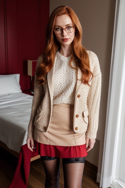 Dark Red Skirt, Beige Sweater, Naked AI Porn