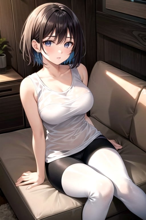 Brunette With Hair Behind Left Ear Hair White Tank Top Leggings Round Boobs Cabin Feet White See Through Socks Cuddle Up On Sofa, ベリーショートヘア, ショートヘアAIポルノ