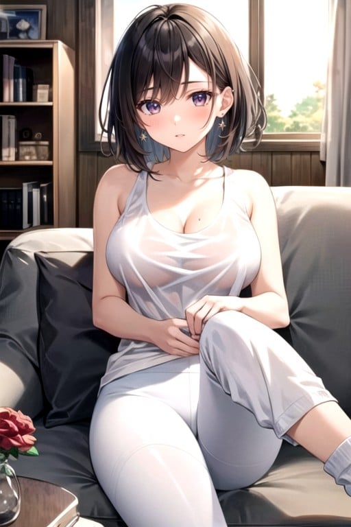 Brunette With Hair Behind Left Ear Hair White Tank Top Leggings Round Boobs Cabin Feet White See Through Socks Cuddle Up On Sofa Toes, Muy Corto, CortoPorno AI Hentai