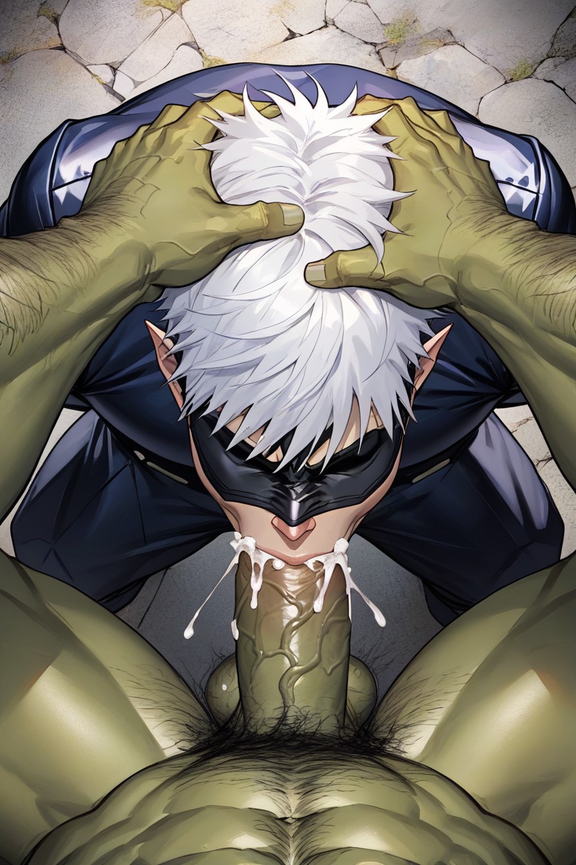 White Hair Blowjob, Throat Bulge, Orc Angry AI Gay Porn