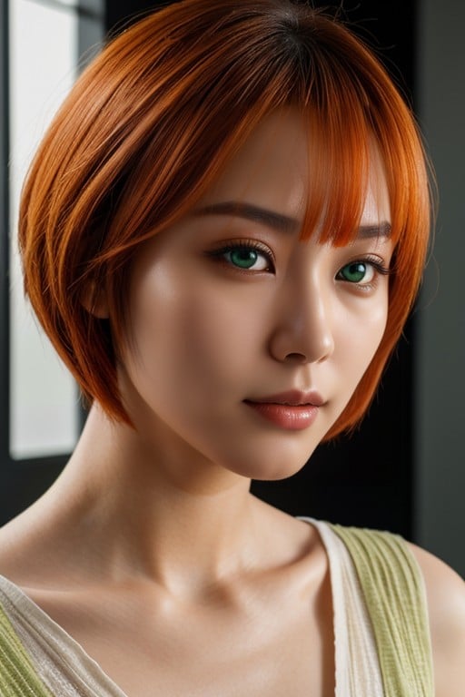 Asiatique, Yeux Verts, Cheveux RouxPorno IA