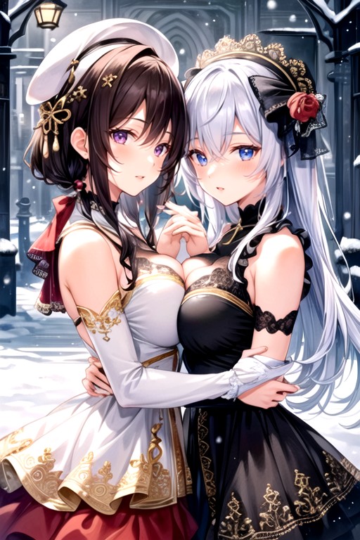 Dimly Lit, Girls Hugging, Snowing AI Porn