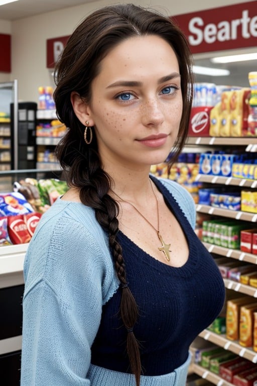 Virgin Sweater, Freckles On Face, Braided Hair AI Porn