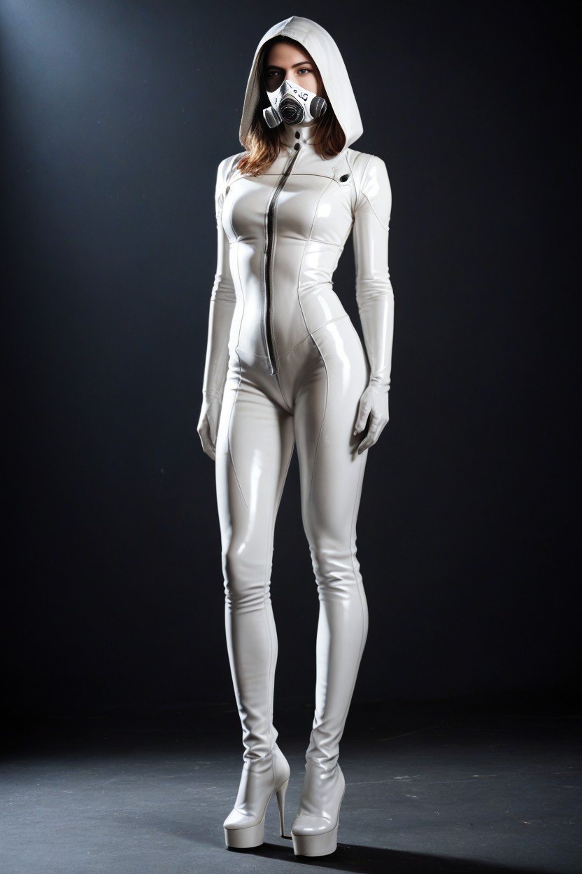 Full Body Leather Suit, White Leather High Heel Boots, Fully Clothed With White LeatherAIポルノ