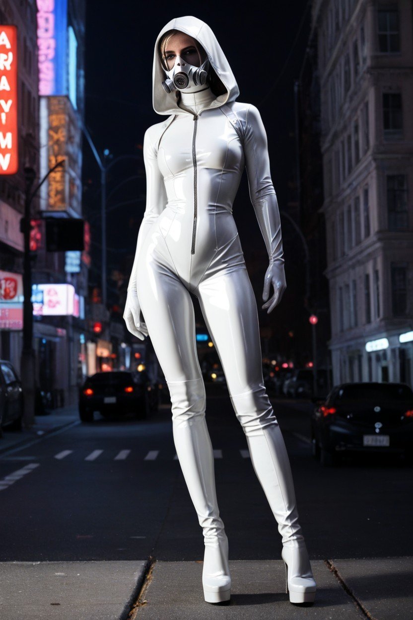 Full Body Latex Suit, White Latex Gloves, Tight Latex Clothes Pornografia de IA