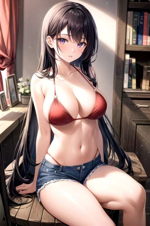 Fit Red Bikini Brunette Long Hair Medium Boobs Round Boobs Jean Shorts Sitting Taking Photo Of ViewerAI黃漫