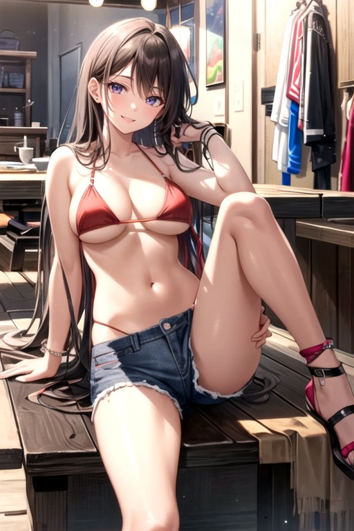 Fit Red Bikini Brunette Long Hair Medium Boobs Round Boobs Jean Shorts Sitting Legs Crossedtaking Photo Of Viewer Anklet Taking Photos Smiling Hentai IA pornografia