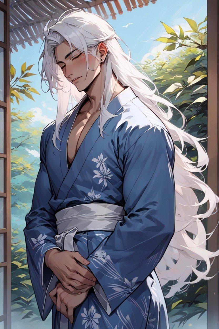 Blue Yukata, White Hair, Feminine ManPorno IA Hentai