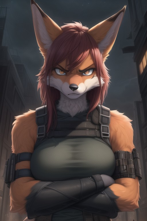 Post Apocalyptic Fox Woman Tactical Gear Angry On Her Face Arms Crossed Night TimeファーリーAIポルノ