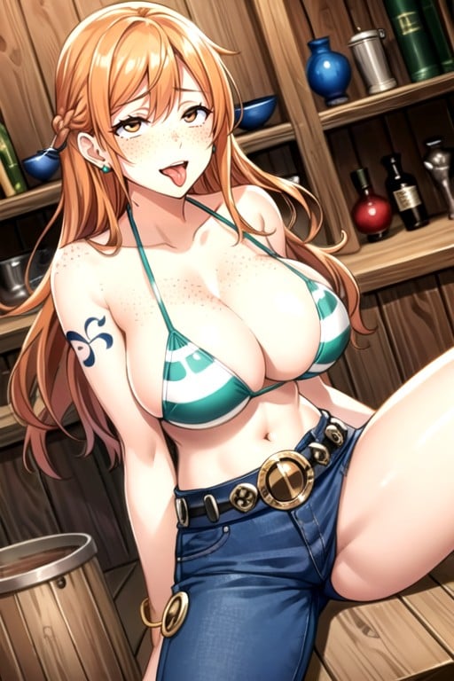 Jengibre, Nami (one Piece), Sentada Con Las Piernas AbiertasPorno IA de transexuales