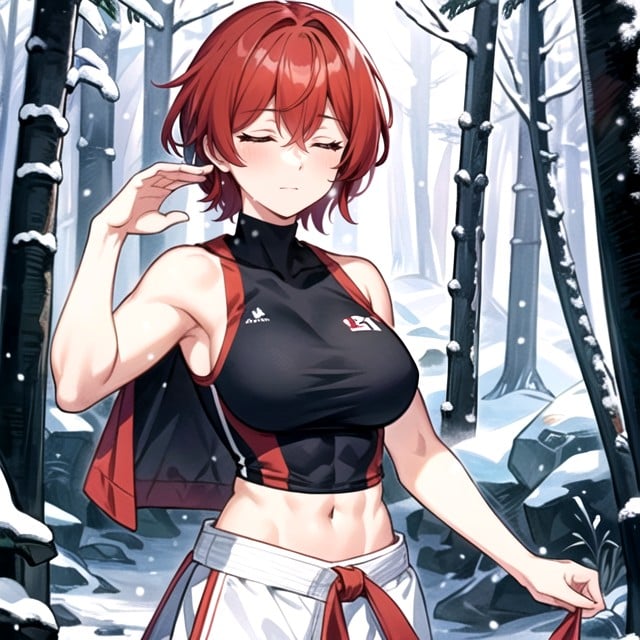 下雪, Bright Red Hair, Closed Eyes人妖AI色情