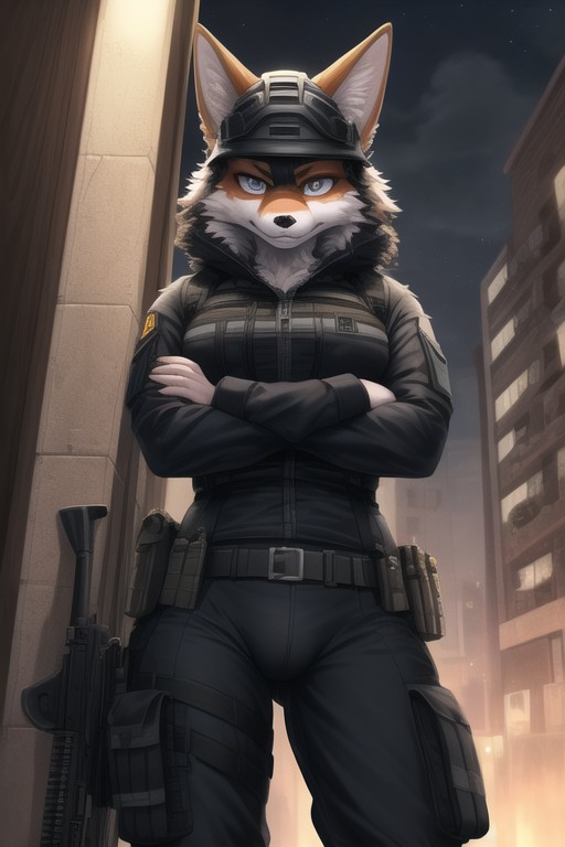 Post Apocalyptic Fox Woman Tactical Gear Angry On Her Face Arms Crossed Night Time Black Tactical Helmet Balck Plate Carrier Cameltoe Cargo PantsPorno AI Furry