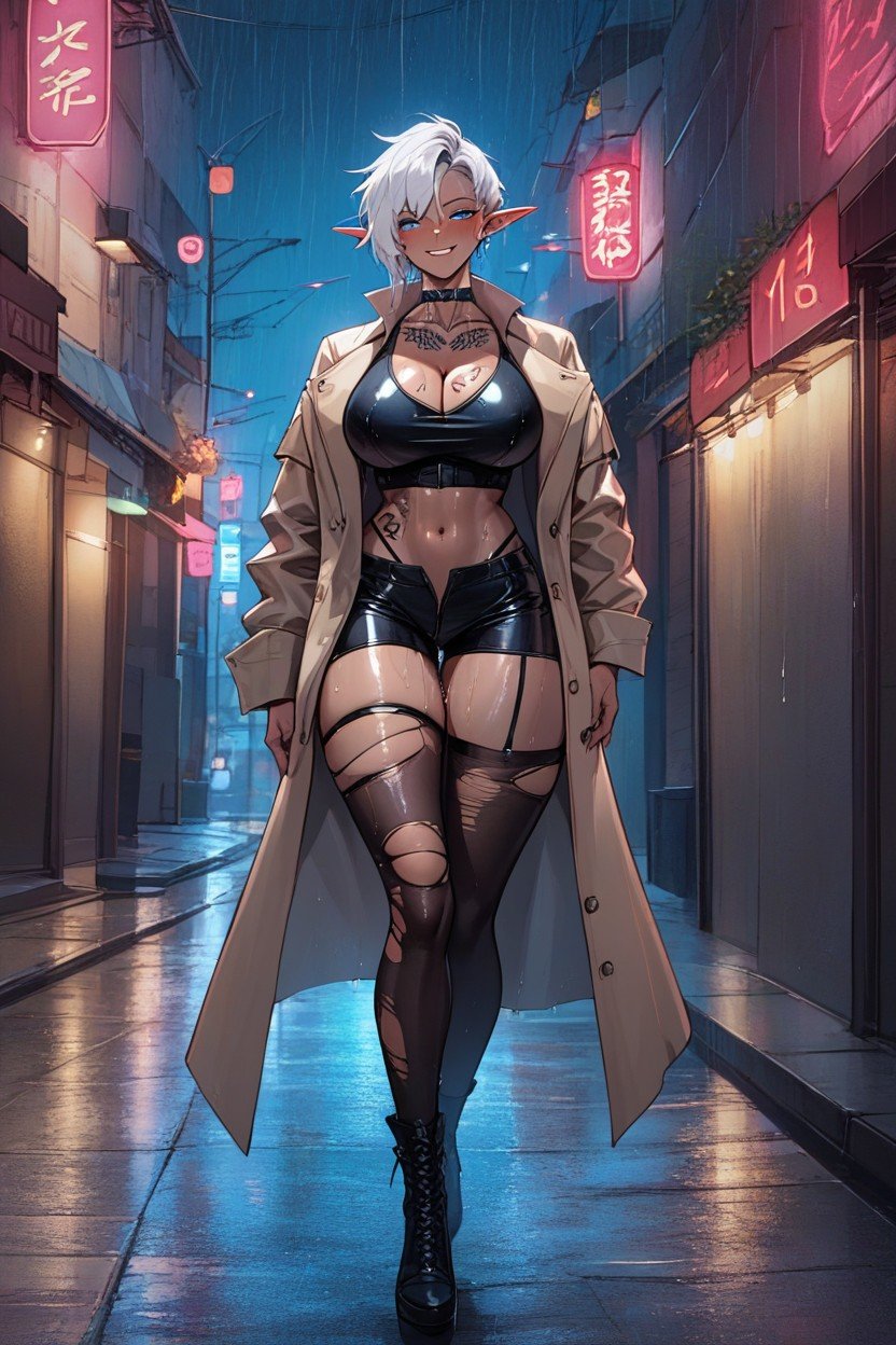 Fishnets, Cyberpunk City, White Hair AI Porn