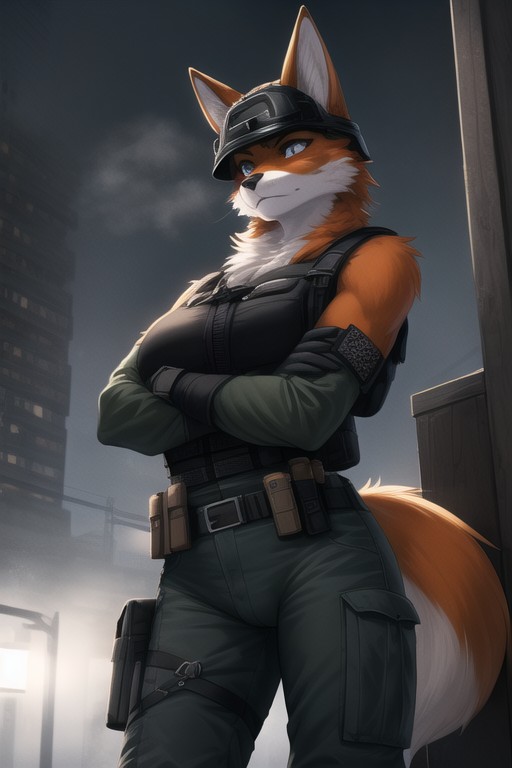 Post Apocalyptic Fox Woman Tactical Gear Angry On Her Face Arms Crossed Night Time Black Tactical Helmet Balck Plate Carrier Cameltoe Cargo Pants Fogy WeatherFurry KI Porno