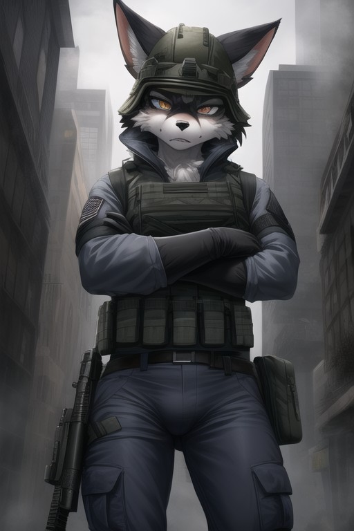 Post Apocalyptic Fox Woman Tactical Gear Angry On Her Face Arms Crossed Night Time Black Tactical Helmet Balck Plate Carrier Big Camel Toe Cargo Pants Fogy Weather No Top Under Plate Carrier Black Tactical Gloves Furry AI Porn