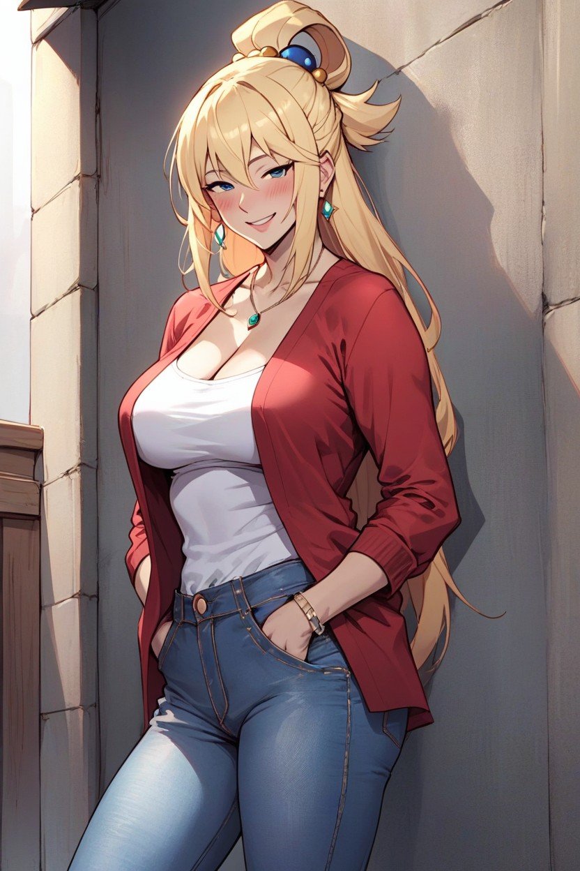 Maliciosa (sorrindo Enquanto Ruborizada), Cleavage, Hands In Pockets Hentai IA pornografia